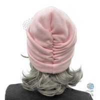 Chic Pink Fleece Beanie with Velvet and Net Accent, Winter Hat Womens Handmade, Size Large