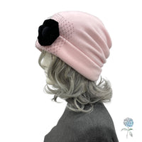 Chic Pink Fleece Beanie with Velvet and Net Accent, Winter Hat Womens Handmade, Size Large