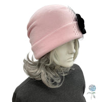Chic Pink Fleece Beanie with Velvet and Net Accent, Winter Hat Womens Handmade, Size Large