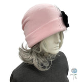Chic Pink Fleece Beanie with Velvet and Net Accent, Winter Hat Womens Handmade, Size Large