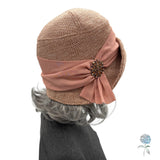 Dusky Pink Cloche Hat: 1920s Vintage Style with Chiffon Band & Vintage Brooch