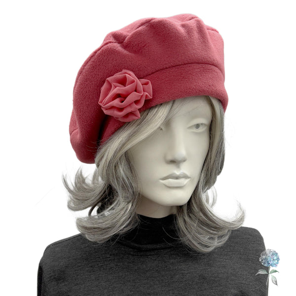 Pink Beret: Handmade in Luxury Fleece, Satin Lined Winter Hat Women Size S/M Ready to Ship
