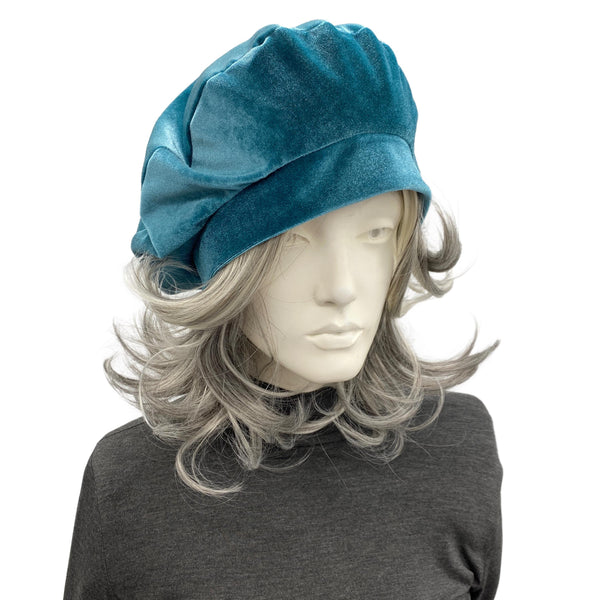 Dusky Teal Velvet Beret – Satin Lined, Size M-L Ready to Ship, Handmade Gift