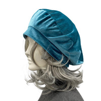Dusky Teal Velvet Beret – Satin Lined, Size M-L Ready to Ship, Handmade Gift