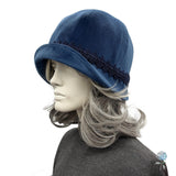 Blue Velvet Cloche Hat: 1920s Style, Crystal Brooch, Size Medium