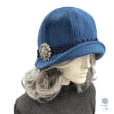 Blue Velvet Cloche Hat: 1920s Style, Crystal Brooch, Size Medium