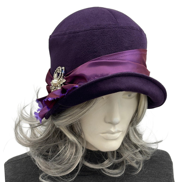 Purple Velvet 1920s Inspired Hat, Vintage Style Winter Cloche, Handmade with Taffeta Band & Crystal Brooch, Size Small