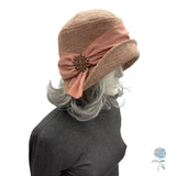 Dusky Pink Cloche Hat: 1920s Vintage Style with Chiffon Band & Vintage Brooch