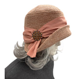 Dusky Pink Cloche Hat: 1920s Vintage Style with Chiffon Band & Vintage Brooch