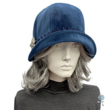 Blue Velvet Cloche Hat: 1920s Style, Crystal Brooch, Size Medium