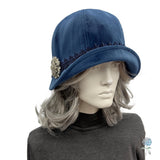 Blue Velvet Cloche Hat: 1920s Style, Crystal Brooch, Size Medium