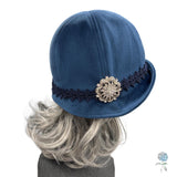 Blue Velvet Cloche Hat: 1920s Style, Crystal Brooch, Size Medium
