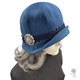 Blue Velvet Cloche Hat: 1920s Style, Crystal Brooch, Size Medium