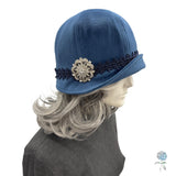 Blue Velvet Cloche Hat: 1920s Style, Crystal Brooch, Size Medium