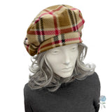 Plaid Fleece Beret for Women– Camel, Black & Red Tartan Springtime Hat (Size Small)