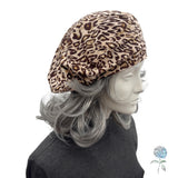 Beret for Women: Handmade in Leopard Print Jersey and lined in satin