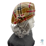 Plaid Fleece Beret for Women– Camel, Black & Red Tartan Springtime Hat (Size Small)