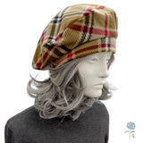 Plaid Fleece Beret for Women– Camel, Black & Red Tartan Springtime Hat (Size Small)