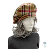 Plaid Fleece Beret for Women– Camel, Black & Red Tartan Springtime Hat (Size Small)