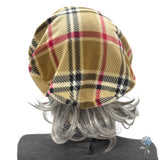 Plaid Fleece Beret for Women– Camel, Black & Red Tartan Springtime Hat (Size Small)