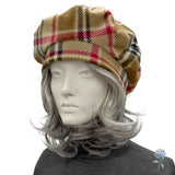 Plaid Fleece Beret for Women– Camel, Black & Red Tartan Springtime Hat (Size Small)