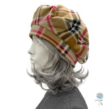 Plaid Fleece Beret for Women– Camel, Black & Red Tartan Springtime Hat (Size Small)