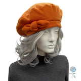 Handmade Fleece Beret in Burnt Orange : Satin Lined Winter Hat for Women with Removable Bow