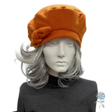 Handmade Fleece Beret in Burnt Orange : Satin Lined Winter Hat for Women with Removable Bow