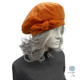 Handmade Fleece Beret in Burnt Orange : Satin Lined Winter Hat for Women with Removable Bow