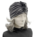 Silver Velvet Turban Hat with Sequin Embellishment: Size Medium/Large