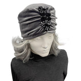 Silver Velvet Turban Hat with Sequin Embellishment: Size Medium/Large