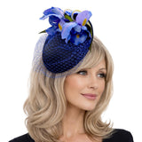 Black Fascinator Hat with Periwinkle Blue Iris Flowers and Blue French Veil