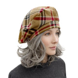 Plaid Fleece Beret for Women– Camel, Black & Red Tartan Springtime Hat (Size Small)