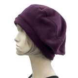Polar Fleece Womens Beret with Bow : Eggplant Purple, Size Medium Satin Lined Winter Hat