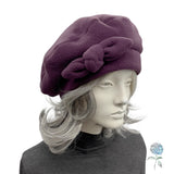Polar Fleece Womens Beret with Bow : Eggplant Purple, Size Medium Satin Lined Winter Hat