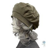 Handmade Cotton Knit Beret: Size Large Khaki Olive Green, Satin Lined Hat