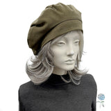 Handmade Cotton Knit Beret: Size Large Khaki Olive Green, Satin Lined Hat