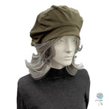 Handmade Cotton Knit Beret: Size Large Khaki Olive Green, Satin Lined Hat