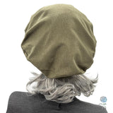 Handmade Cotton Knit Beret: Size Large Khaki Olive Green, Satin Lined Hat