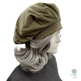 Handmade Cotton Knit Beret: Size Large Khaki Olive Green, Satin Lined Hat