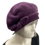 Polar Fleece Womens Beret with Bow : Eggplant Purple, Size Medium Satin Lined Winter Hat