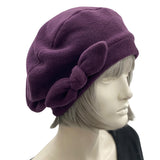 Polar Fleece Womens Beret with Bow : Eggplant Purple, Size Medium Satin Lined Winter Hat