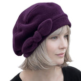 Polar Fleece Womens Beret with Bow : Eggplant Purple, Size Medium Satin Lined Winter Hat