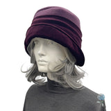 Eggplant Fleece and Velvet Cloche Hat Women, Adjustable Satin Lined Winter Headwear
