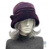 Eggplant Fleece and Velvet Cloche Hat Women, Adjustable Satin Lined Winter Headwear