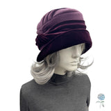 Eggplant Fleece and Velvet Cloche Hat Women, Adjustable Satin Lined Winter Headwear