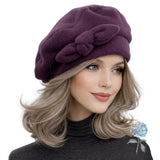 Polar Fleece Womens Beret with Bow : Eggplant Purple, Size Medium Satin Lined Winter Hat