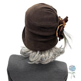 Cloche Hat Women, Brown Wool with Floral Brooch, Handmade 1920s Fashion