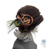 Cloche Hat Women, Brown Wool with Floral Brooch, Handmade 1920s Fashion