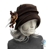 Cloche Hat Women, Brown Wool with Floral Brooch, Handmade 1920s Fashion